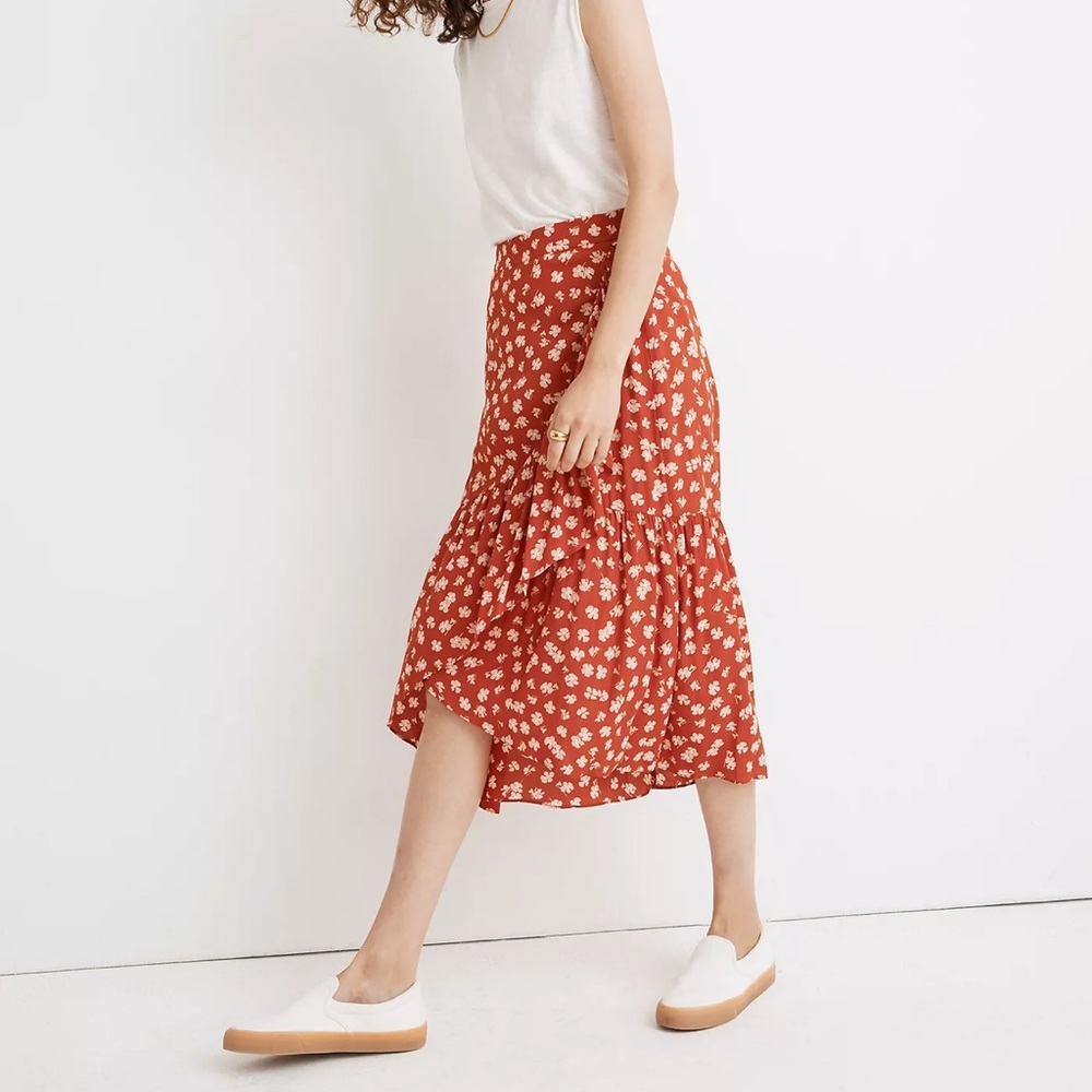 Madewell Ruffle-Wrap Midi Skirt Lined Happy Hibiscus Floral Orange 6